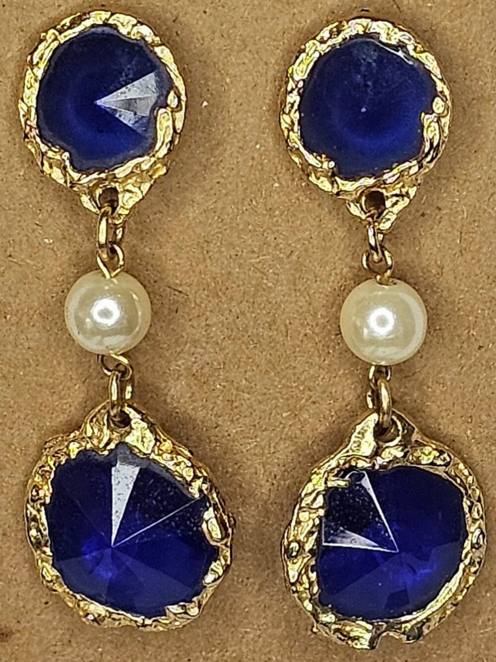 Stunning Vintage Cobalt Blue & Faux Pearl Dangle Earrings